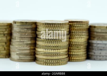 Piles of coins. Business banking and financial concept idea.Global network business banking concept. Stock Photo