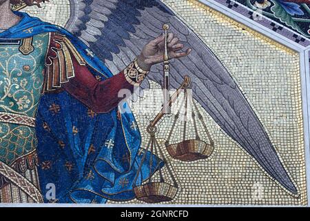 Mosaic of Saint Michael on the facade of Saint Spyridon Orthodox Church.  Trieste.  Italy. Stock Photo