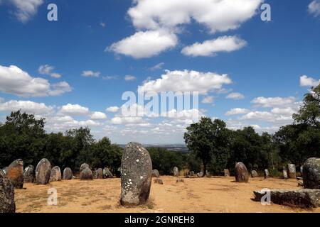 The Cromlech of the Almendres is a megalithic complex. It is one of largest existing group of structured menhirs in Europe.  Portugal. Stock Photo