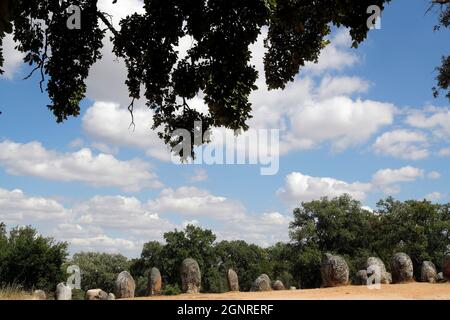 The Cromlech of the Almendres is a megalithic complex. It is one of largest existing group of structured menhirs in Europe.  Portugal. Stock Photo