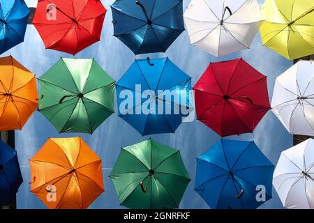 Ankara, Turkey. 27th Sep, 2021. General view of umbrellas at Konur street.One of the busiest streets of Ankara, Konur street, umbrellas were hung by the municipality teams for decoration purposes. (Photo by Tunahan Turhan/SOPA Images/Sipa USA) Credit: Sipa USA/Alamy Live News Stock Photo