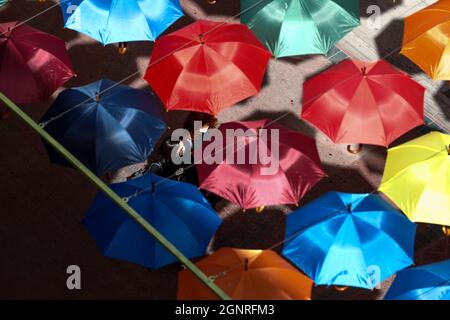 Ankara, Turkey. 27th Sep, 2021. General view of umbrellas at Konur street.One of the busiest streets of Ankara, Konur street, umbrellas were hung by the municipality teams for decoration purposes. (Photo by Tunahan Turhan/SOPA Images/Sipa USA) Credit: Sipa USA/Alamy Live News Stock Photo