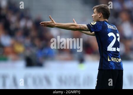 Nicolo Barella of Fc Internazionale  gestures during the Serie A match between Fc Internazionale and Atalanta Bc. Stock Photo