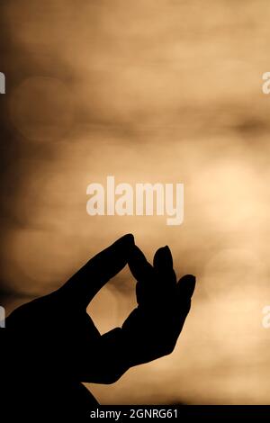 Close up hand of young of woman practice meditation in lotus position. Yoga at sunset. Stock Photo