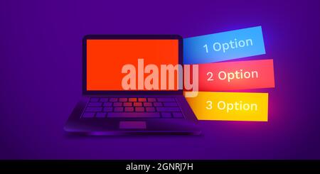 Infographic design with realistic 3d laptop computer with colorful options tabs wallpaper. Can be used for workflow layout, diagram, chart. Vector illustration Stock Vector