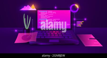 Software development, web coding on laptop. Programming concept. Website design, coding. Remote work in home. Vector illustration Stock Vector