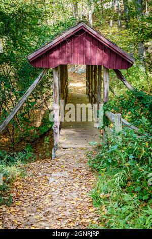 Covered footbridge on a hiking trail in Gillette Castle State Park, Connecticut Stock Photo