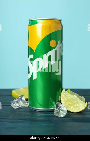 Odessa, Ukraine - September 23, 2021: Sprite can on wooden table Stock Photo