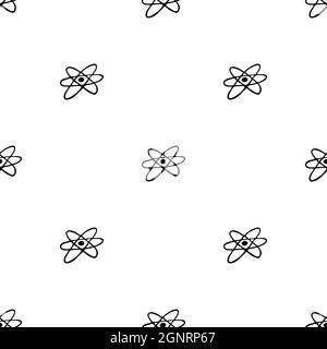 Seamless pattern with hand drawn atom. Doodle style vector illustration isolated on white background. For interior design, wallpaper, packaging, poste Stock Vector
