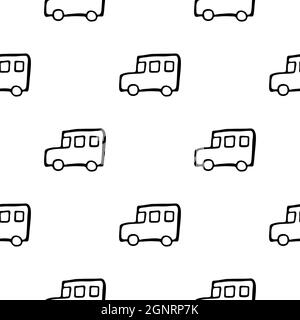 Seamless pattern with hand drawn school bus. Doodle style vector illustration isolated on white background. For interior design, wallpaper, packaging, Stock Vector