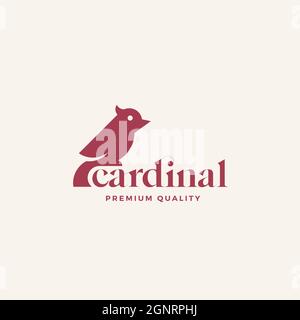 Flat Style Abstract Vector Bird Sign, Symbol or Logo Template. Minimalism Red Cardinal Silhouette with Typography. Premium Quality Emblem. Isolated Stock Vector
