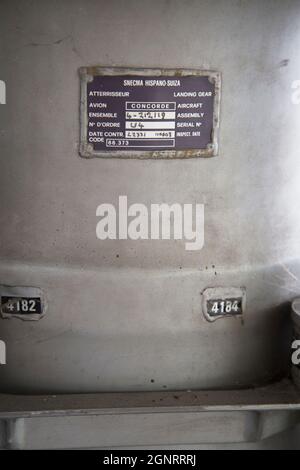 Undercarriage labels, BAC Aerospatiale Concorde, 1974, Brooklands Museum, Weybridge. Surrey, England Stock Photo