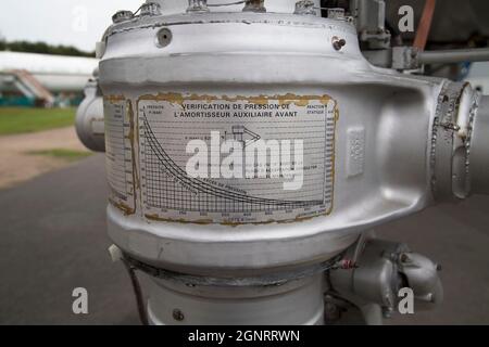 Undercarriage labels, BAC Aerospatiale Concorde, 1974, Brooklands Museum, Weybridge. Surrey, England Stock Photo