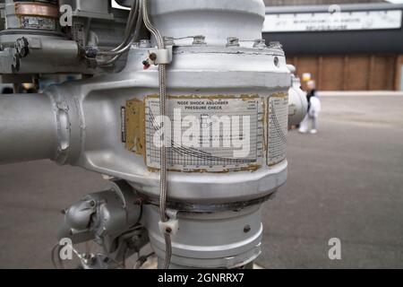 Undercarriage labels, BAC Aerospatiale Concorde, 1974, Brooklands Museum, Weybridge. Surrey, England Stock Photo