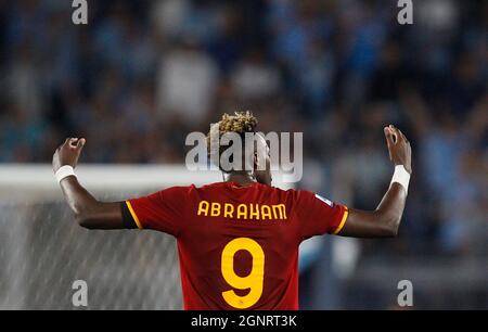 Rome, Italy. 26th Sep, 2021. Tammy Abraham, of AS Roma, gestures during the Italian Serie A football match between Lazio and Roma at the Olympic stadium. Credit: Riccardo De Luca - Update Images/Alamy Live News Stock Photo