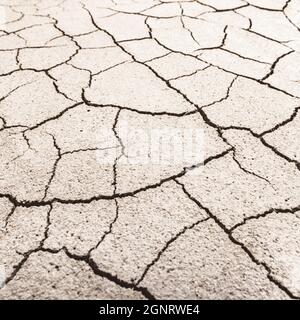 Close shot cracked dry earth. For water crisis, UK drought, parched earth, crop loss, European / US heatwave, hot summer, aridification, subsidence. Stock Photo