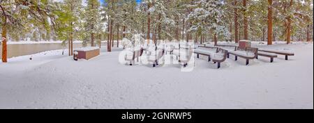 Snow covered amphitheater at Kaibab Lake in winter. Located near Williams Arizona. Stock Photo