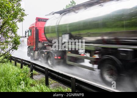 Fuel tanker, HGV lorry on UK motorway, HGV driver shortage, fuel panic buying, Brexit shortages concept. Stock Photo
