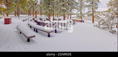 Snow covered amphitheater at Kaibab Lake in winter. Located near Williams Arizona. Stock Photo