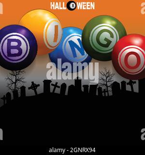 3D Illustration Of Bingo Balls Over Halloween Background With Graveyard Silhouette And Decorative Text Stock Vector