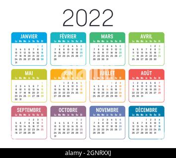 Colorful year 2022 calendar, in French language, isolated on white background. Vector template. Stock Vector