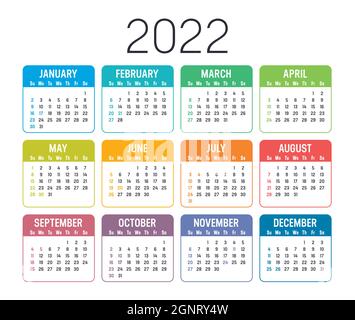 Colorful year 2022 calendar, isolated on white background. Vector template. Stock Vector