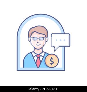 Financial consultant - modern line design style icon on white background. Neat detailed image of smart bank clerk. Communication and questions about m Stock Vector