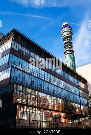 One of the buildings of the University of Westminster with the BT Tower in the background Stock Photo