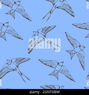 Swallow and House Martin birds vector pattern, hand drawn seamless background Stock Vector