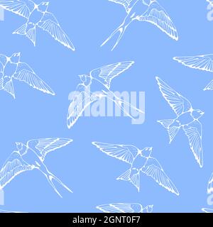 Swallow and House Martin birds vector pattern, hand drawn seamless background Stock Vector