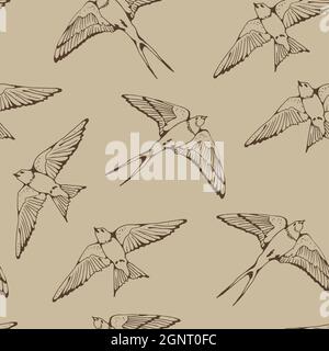Swallow and House Martin birds vector pattern, hand drawn seamless background Stock Vector