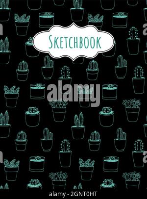 Cactus vector seamless background, sketchbook illustration with hand drawn cactus isolated on black background Stock Vector