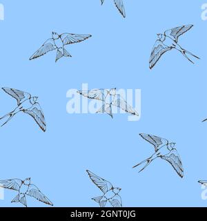 Swallow and House Martin birds vector pattern, hand drawn seamless background Stock Vector