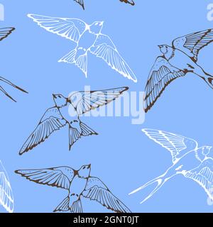 Swallow and House Martin birds vector pattern, hand drawn seamless background Stock Vector