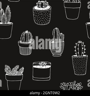 Cactus hand drawn vector seamless pattern, plant collection, houseplant illustration isolated on white background Stock Vector