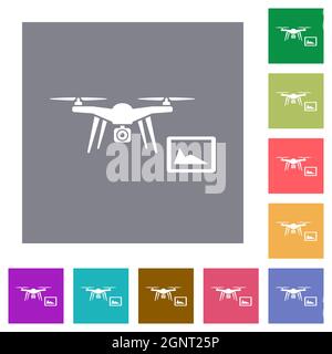 Drone controlling from tablet flat icons on simple color square backgrounds Stock Vector