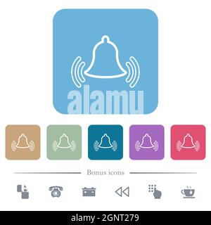 Ringing bell outline white flat icons on color rounded square backgrounds. 6 bonus icons included Stock Vector