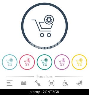 Cart settings flat color icons in round outlines. 6 bonus icons included. Stock Vector