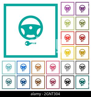 Steering lock flat color icons with quadrant frames on white background Stock Vector