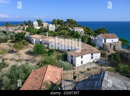 The nunnery of Timios Prodromos and Agios Ioannis Monastery seen from one of the towers inside the grounds of Koroni Castle, Koroni, Messinia, Pelopon Stock Photo