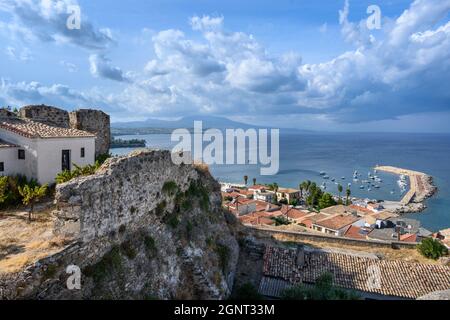 View from the Venetian fortress across the town and harbour of Koroni, and the Messinian coastline, Messinia, on the Southern tip of the  Peloponnese, Stock Photo