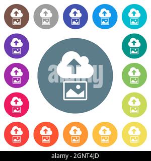 Upload image to cloud solid flat white icons on round color backgrounds. 17 background color variations are included. Stock Vector