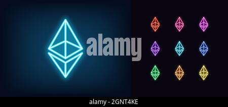 Outline neon Ethereum icon. Glowing neon ethereum sign, cryptocurrency logo in vivid colors. Crypto mining, ether network, digital currency, ETH coin. Stock Vector