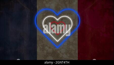Image of red white and blue concentric neon hearts flashing on french flag background Stock Photo