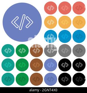 Script code multi colored flat icons on round backgrounds. Included white, light and dark icon variations for hover and active status effects, and bon Stock Vector