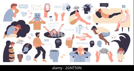 Mental disorder, stress anxiety health problem set vector illustration. Cartoon sad people in depression need psychotherapy help and care, unhappy depressed woman man characters isolated on white Stock Vector