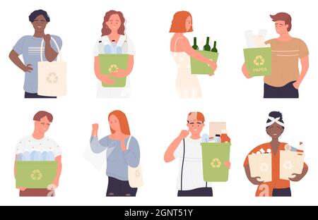 People hold bags, bin with trash garbage to recycle and reuse set vector illustration. Cartoon young man woman characters cleaning ecology environment, holding dustbin containers isolated on white Stock Vector