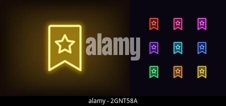 Outline neon bookmark icon with star. Glowing neon bookmark sign, favorites pictogram in vivid colors. Add liked choice, save favored content, ribbon Stock Vector