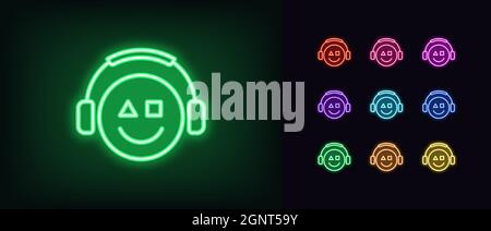 Outline neon gamer icon. Glowing neon emoticon gamer with headphones, esports geek logo. Gaming emoji, esports emoticon, arcade console video games. V Stock Vector