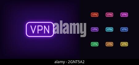 Outline neon VPN icon. Glowing neon vpn sign, virtual private network pictogram in vivid colors. Private internet connection, web service and software Stock Vector